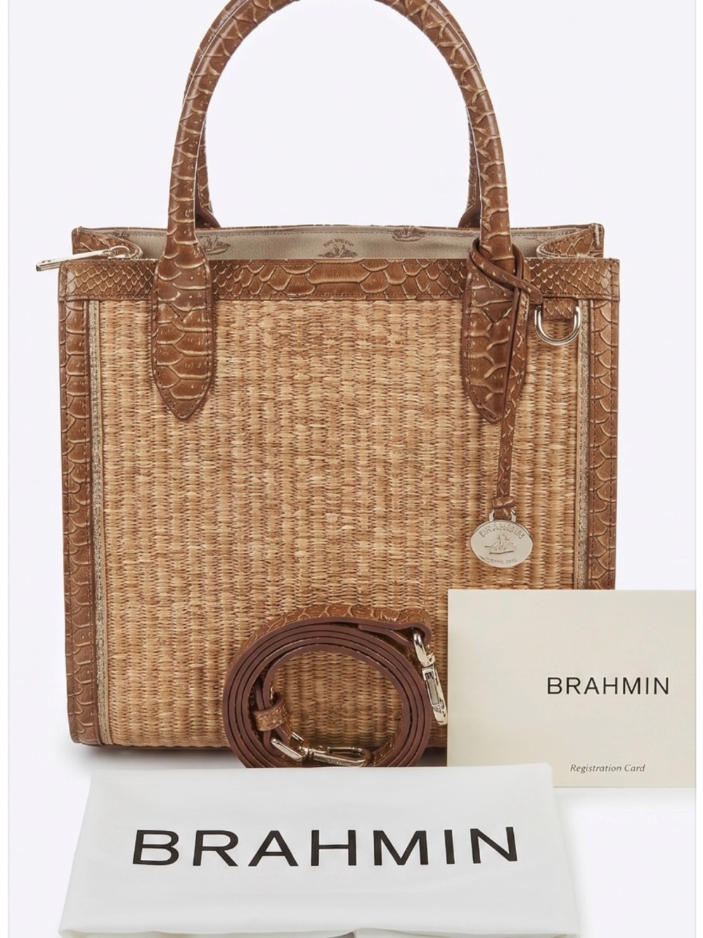 Brahmin Woven Straw Bag with Golden and Bronze Trim…